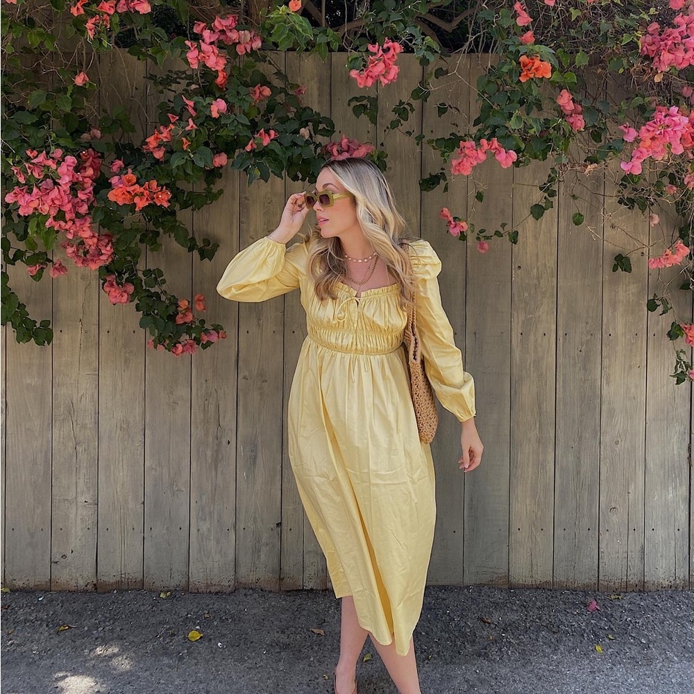 Organic Cotton Yellow Midi Long Sleeve Dress